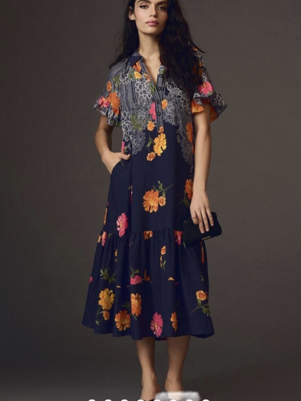 Anthropologie Navy Midi Dress with Orange & Pink Floral Motif - Picture 2 of 5